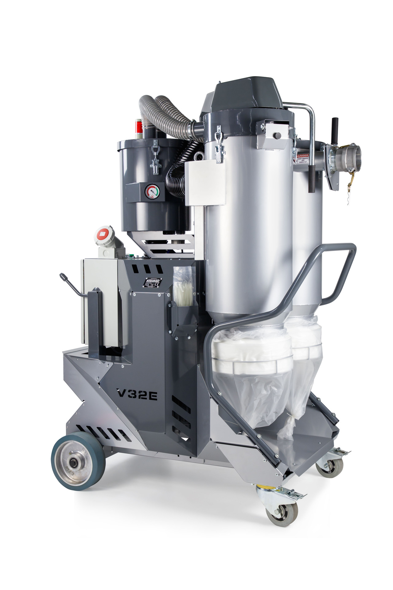32E VACUUM, 3PH X 230V, 30.4AMPS; 11.5HP/8.6KW ;490CFM, 112.5 WATER LIFT, D75 (75MM/3IN) X 10M/32FT ANTI STATIC MAIN HOSE; CAMLOCK; LONGOPAC; 1 CONICA