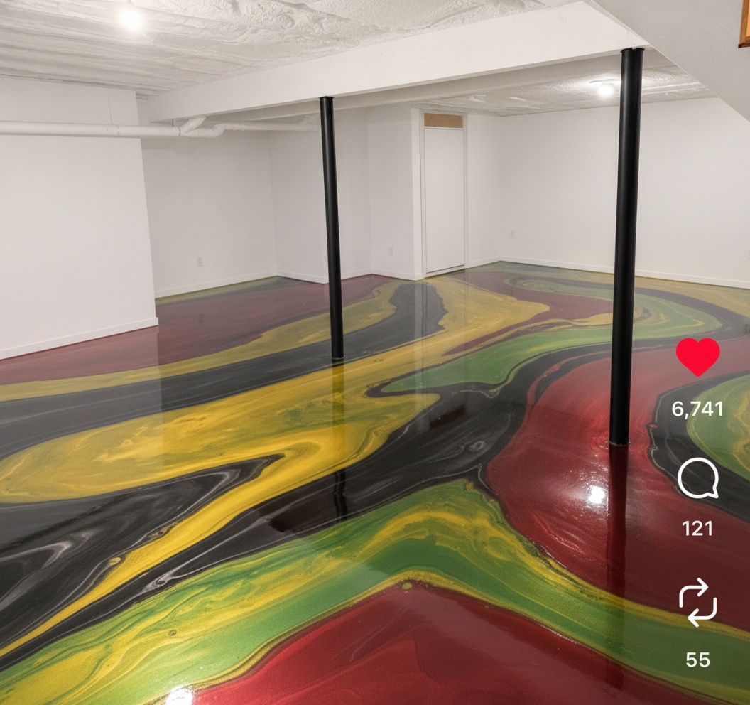 Customer basement visualized with a multicolor metallic epoxy floor