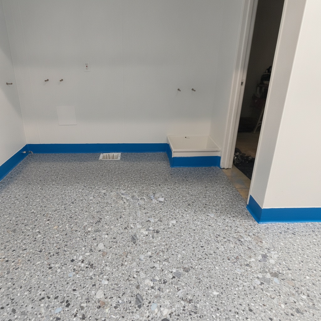 Customer room visualized with a gray decorative flake floor